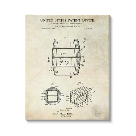 Stupell Industries Whiskey Aging Barrel Liquor Diagram Patent Design Canvas Wall Art, 36 x 48, Design by Karl Hronek