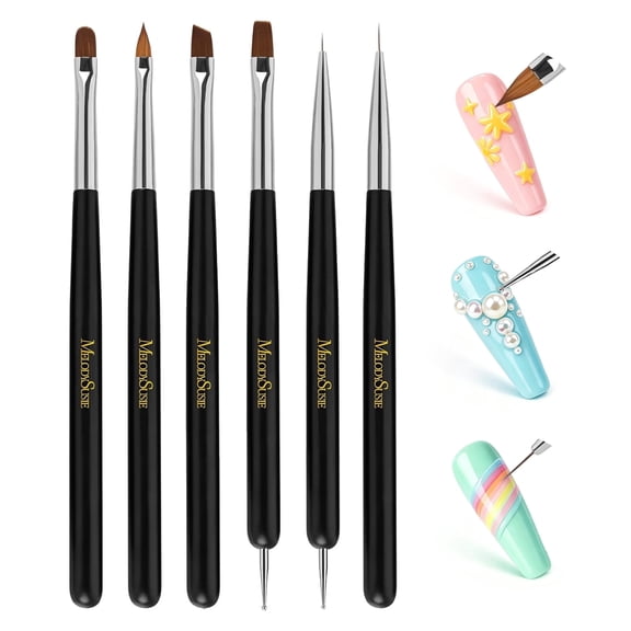 MelodySusie 6Pcs Nail Art Brush Set, Professional Painting Tools with Liner Flat Angled Gel Carved Brushes and Dotting Pen for Home and Salon, Colorful