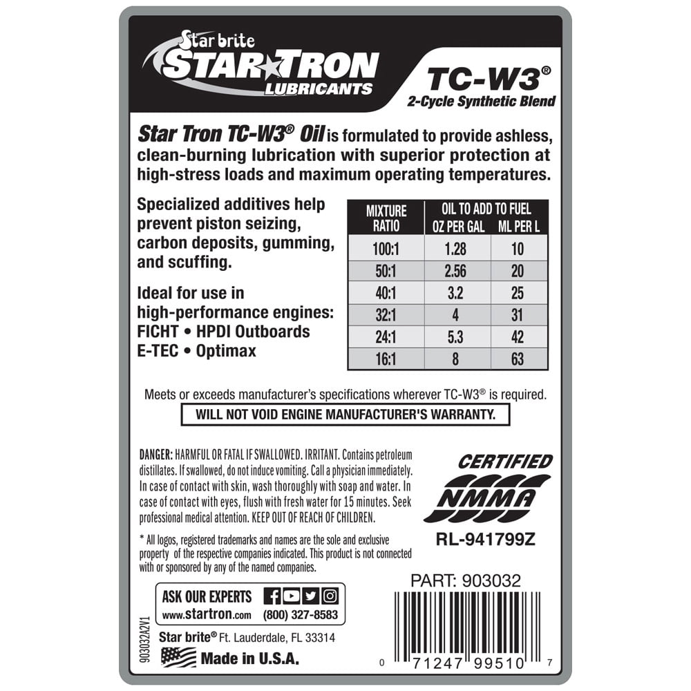 Star brite Star Tron TC-W3 Marine 2-Cycle Engine Oil - Synthetic Blend for High-Performance Outboard Engines