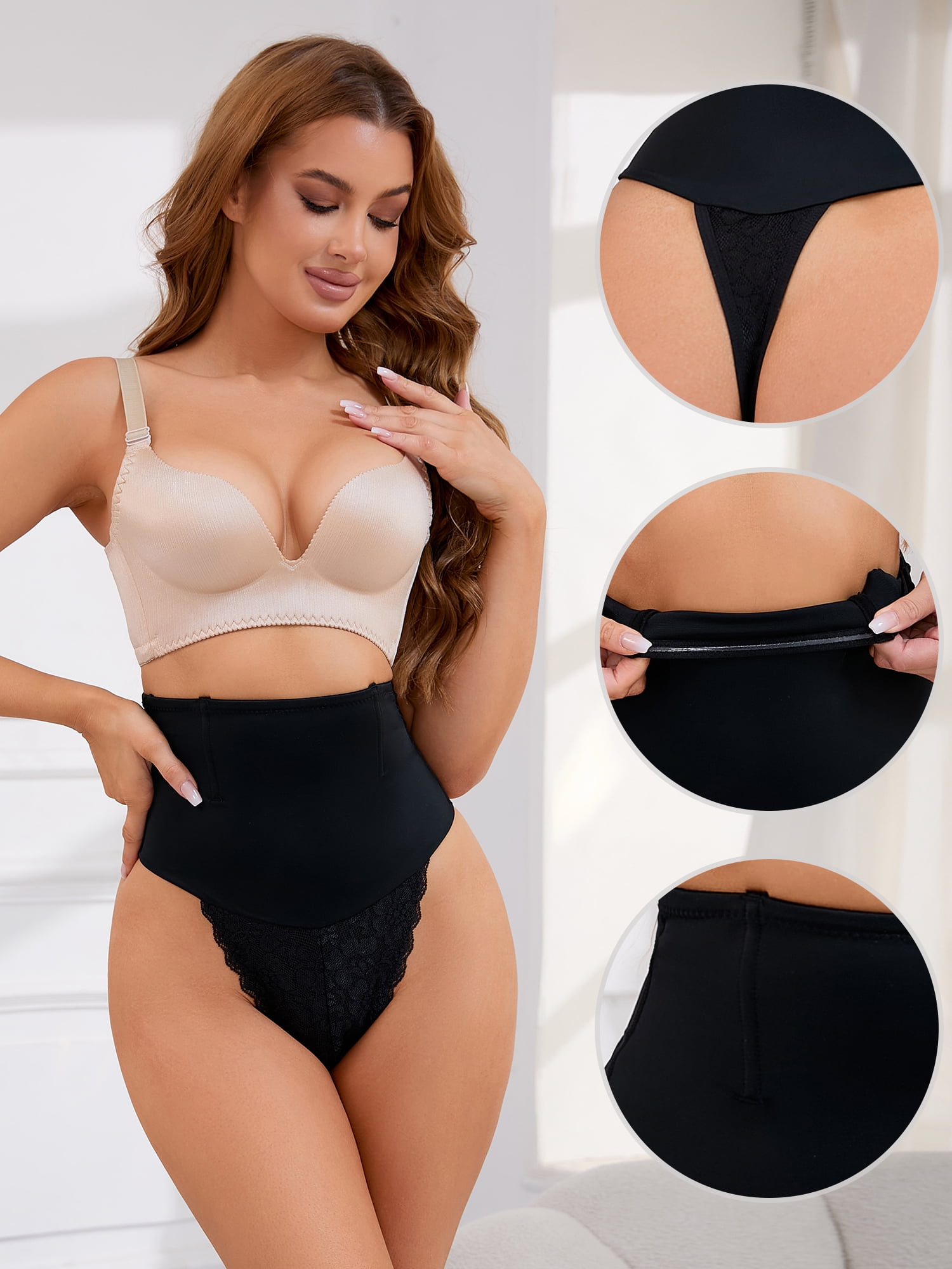 Unique Bargains Women's Lace Tummy Control Underwear Thongs Shapewear Panties L Black