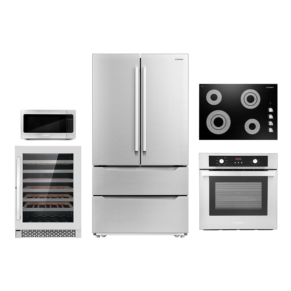 Cosmo 5 Piece Kitchen Appliance Package With 30" Electric Cooktop 24" Single Electric Wall Oven 30" Over-the-range Microwave French Door Refrigerator & 24" Built-in Fully Integrated Dishwasher