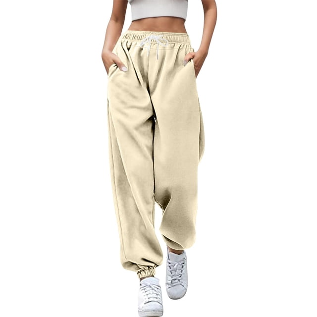 Pantalones informales de mujer con cordón, de color liso y con el bajo fruncido - Poliéster - Tallas S/M/L/XL/XXL/XXXL