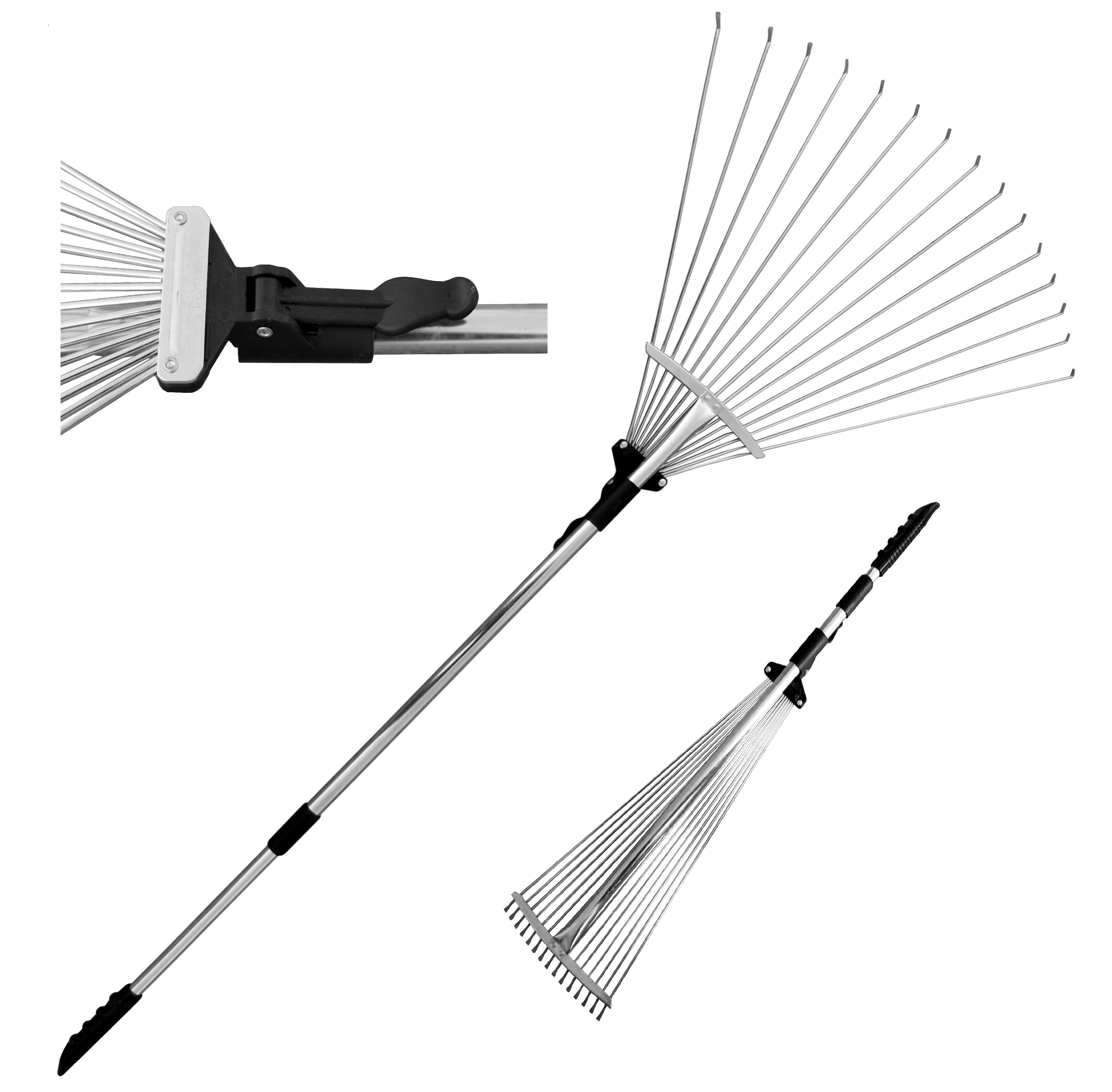 WETS J16A telescopic metal rake, 63 inch adjustable folding leaves rake for quick clean up of lawn and yard, garden leaf rake, expanding handle with adjustable 8-23 inch width folding head.