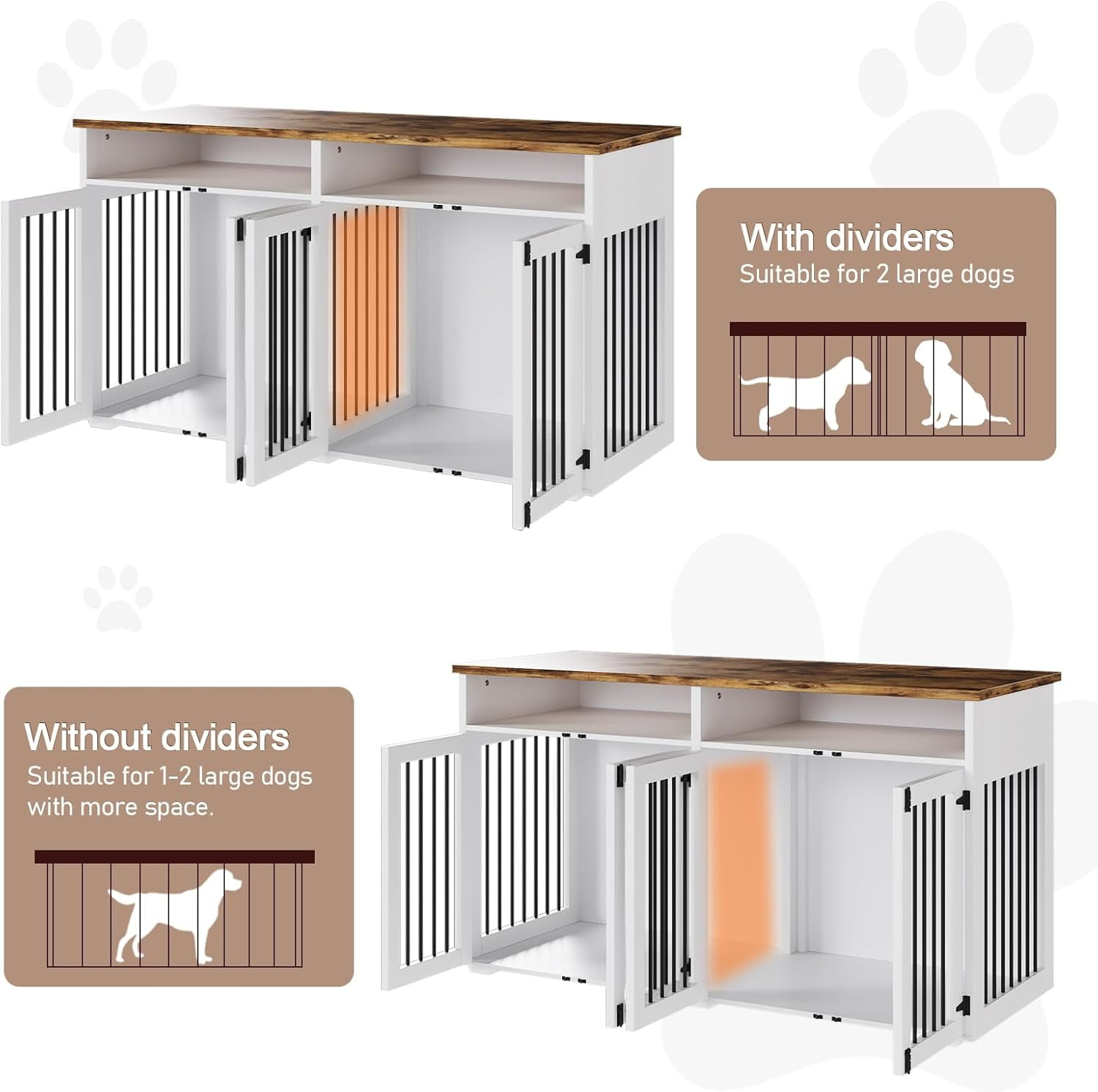 DreamCurship 63 Inch Dog Crate Furniture, 2-Door Wooden Dog Crate Kennel Furniture with Divider, Indoor Dogs Kennel for Small to Medium, White