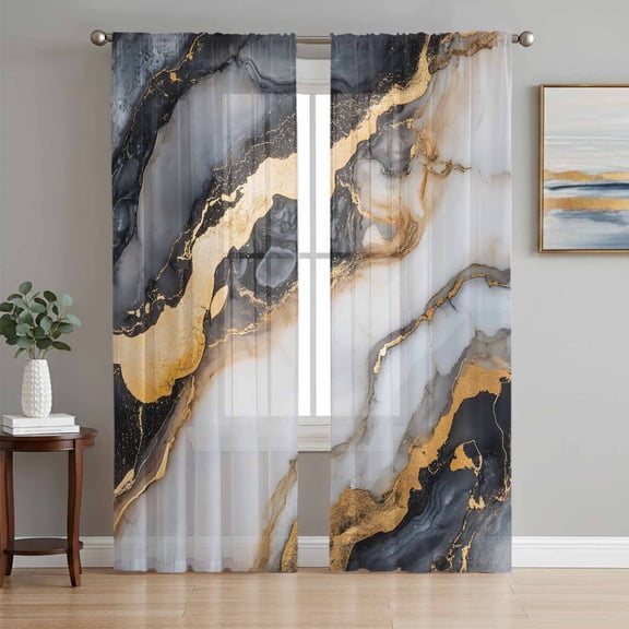 Black Golden Marble Semi Sheer Curtains 84 Inch Length 2 Panels Set, Modern Ink Painted Abstract Sheer Kitchen Curtain Privacy Voile Window Curtain for Living Room Bedroom Rod Pocket Drapes