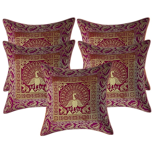Stylo Culture Indian Zippered Brocade Magenta And Gold Throw Pillow Covers 16x16 Jacquard Weave Banarasi Indian Style Throw Pillows Dancing Peacock 40x40 cm Decorative Cushion Covers (Set Of 5)