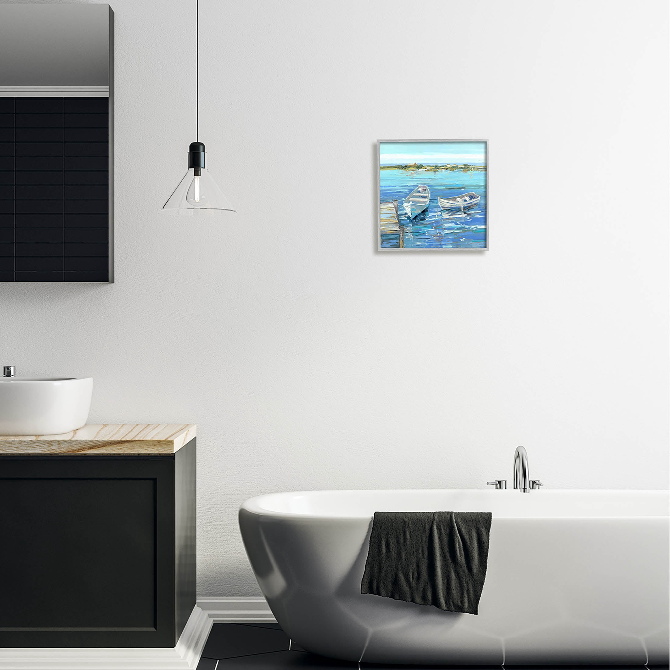 Stupell Industries Serene Rowboats Ocean Dock Painting Gray Framed Art Print Wall Art, Design by Sally Swatland
