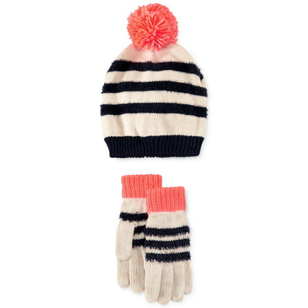 Osh Kosh Little Girls Furry Striped Beanie Hat and Gloves Set - Size 4-6X