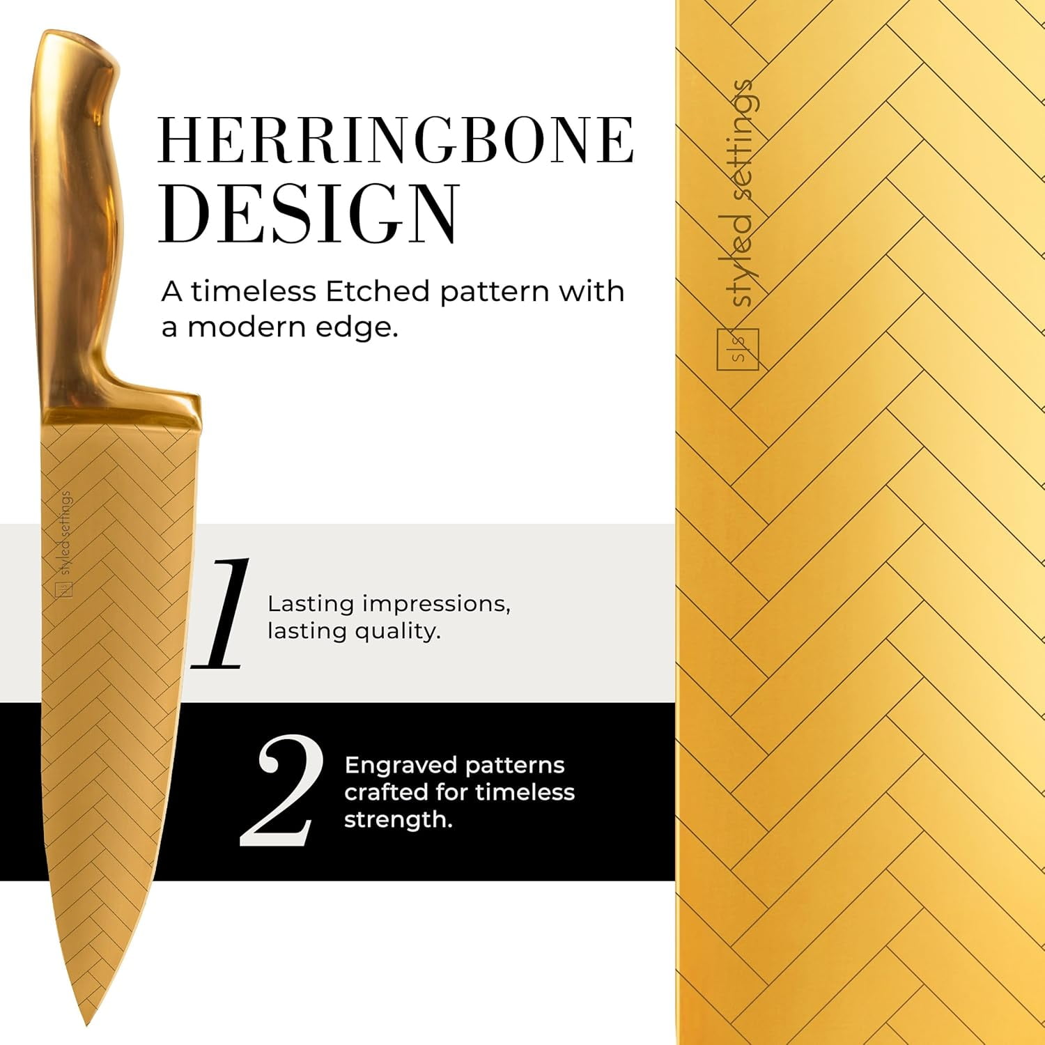 Styled Settings Gold Knife Set for Kitchen – 14-Piece Titanium-Coated Blades with Etched Leaves Pattern, Ultra-Sharp Stainless Steel, Durable & Stylish Kitchen Knife Block Set