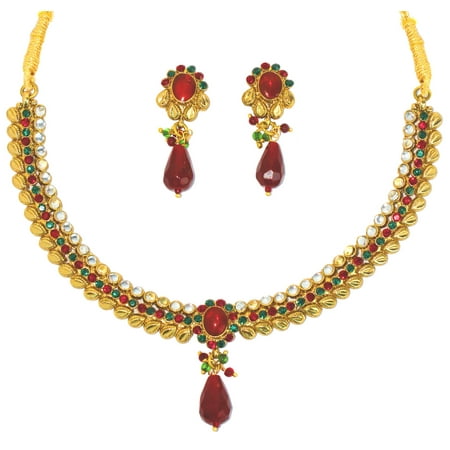 Sunsoul by Touchstone Indian Hollywood floral theme faux ruby Emerald Kundan look necklace set in antique gold tone