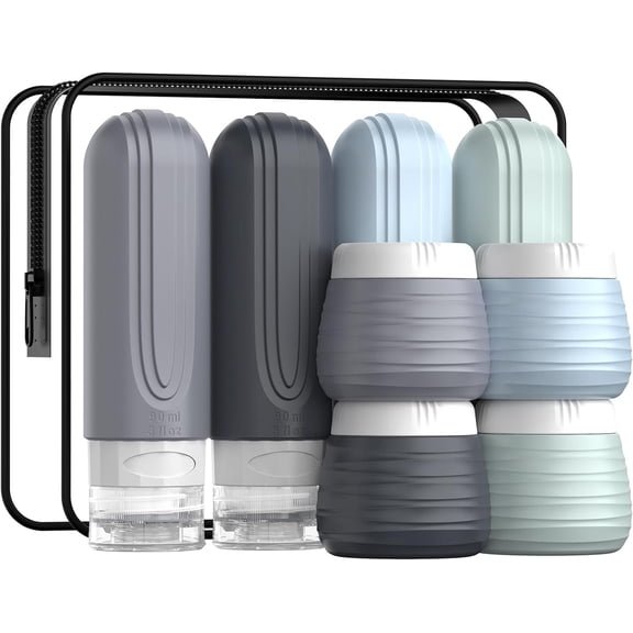 Travel Bottles Toiletries 8 Pack, TSA Approved Travel Size Toiletries Containers Set, 4 Silicone Leak Proof Refillable Bottles 4 Creams Jars Accessories W/Clear (GRAY)