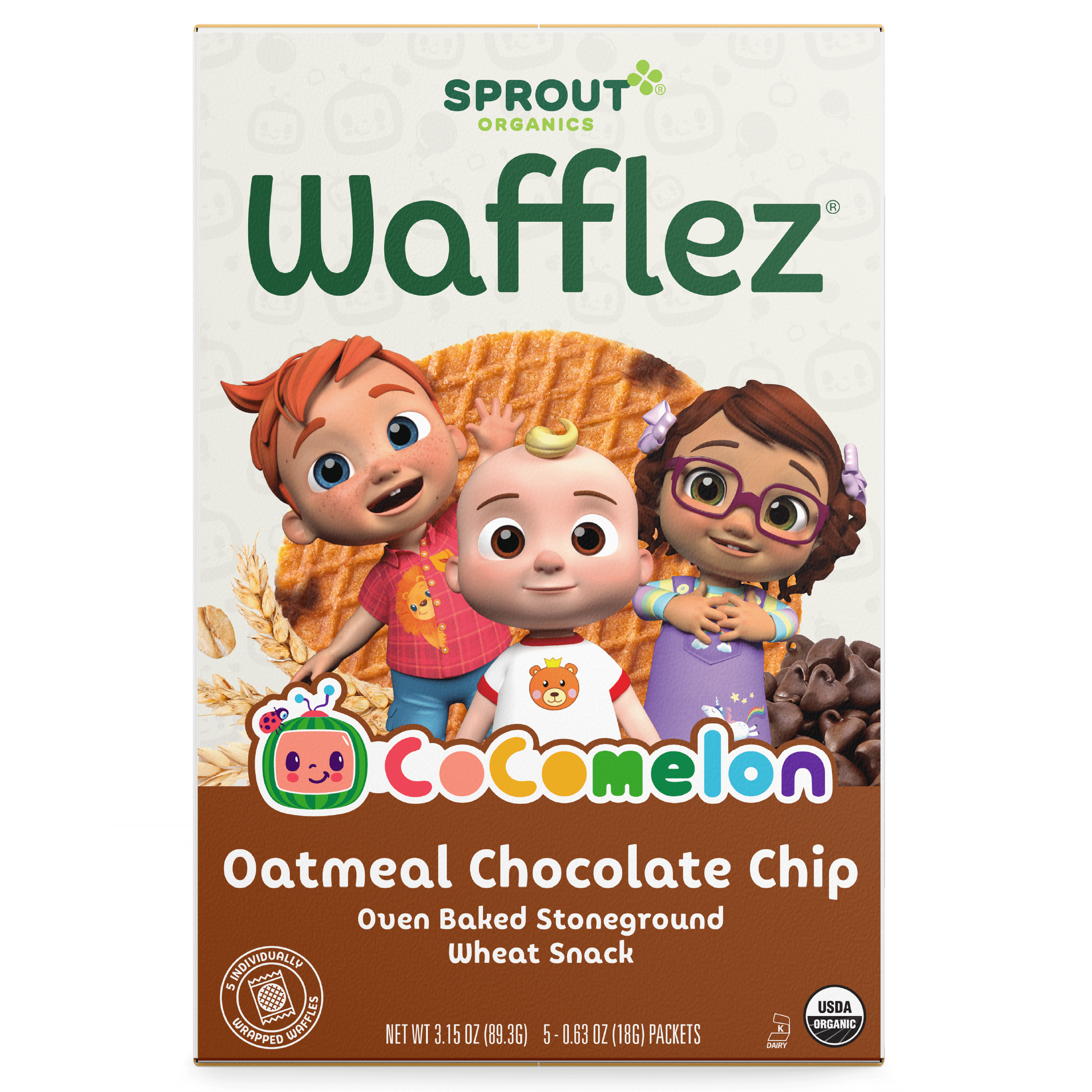 CoComelon Sprout Organics Toddler Snacks, Organic Oatmeal Chocolate Chip Wafflez, Single Serve Waffles, 5 count Box