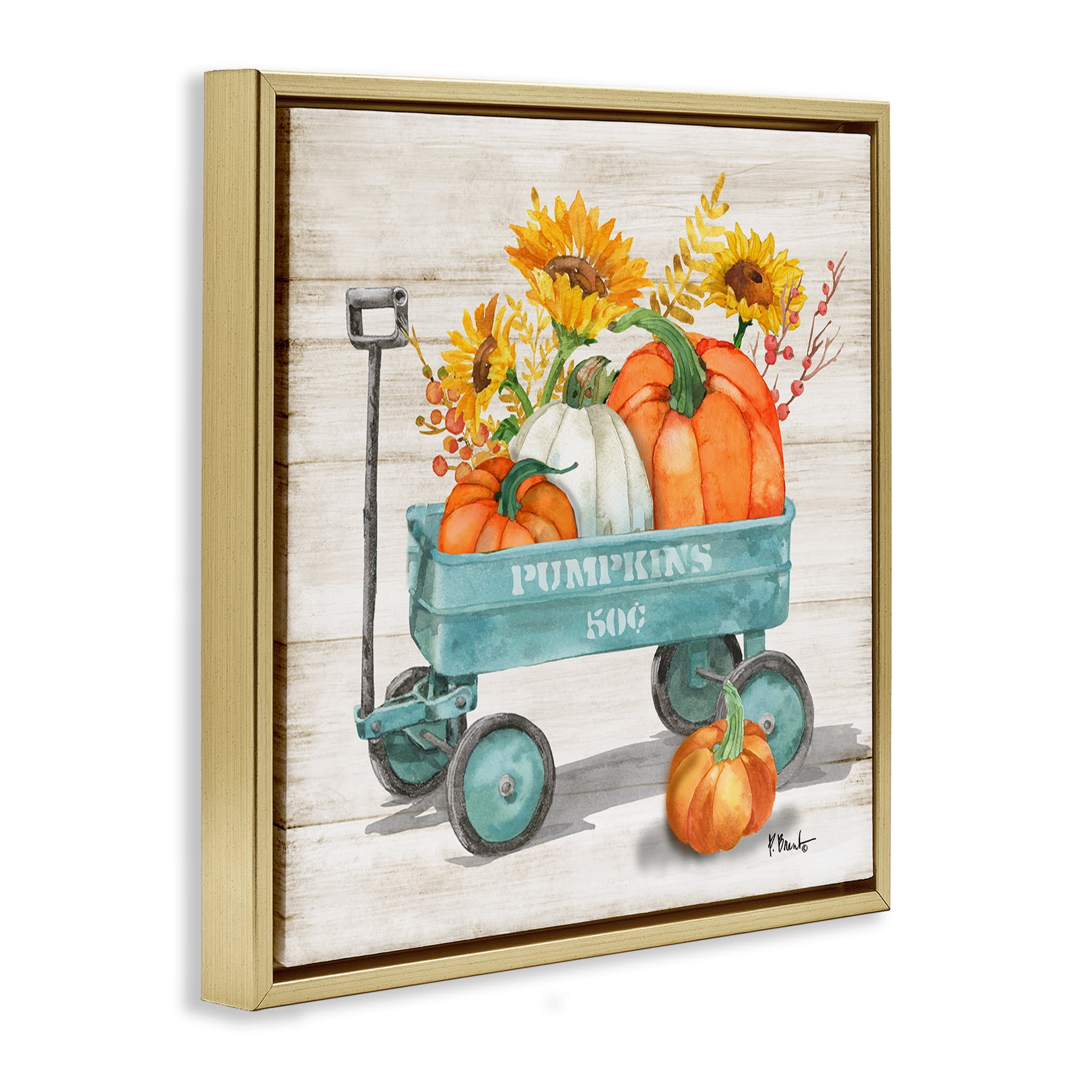 Stupell Industries Pumpkins Harvest Wagon Botanical & Floral Painting Gold Floater Framed Canvas Art Prints Wall Art, 18 x 18