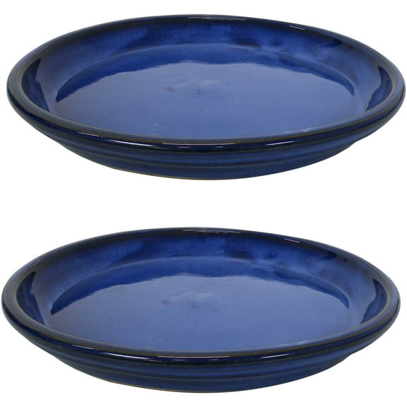 Sunnydaze 14.25" Round Imperial Blue Ceramic Outdoor Flower Pot Saucer 2-Count