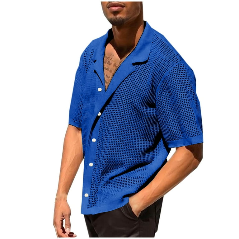 Hinvhai Mens Button Down Knit Shirt Short Sleeve Crochet Shirts