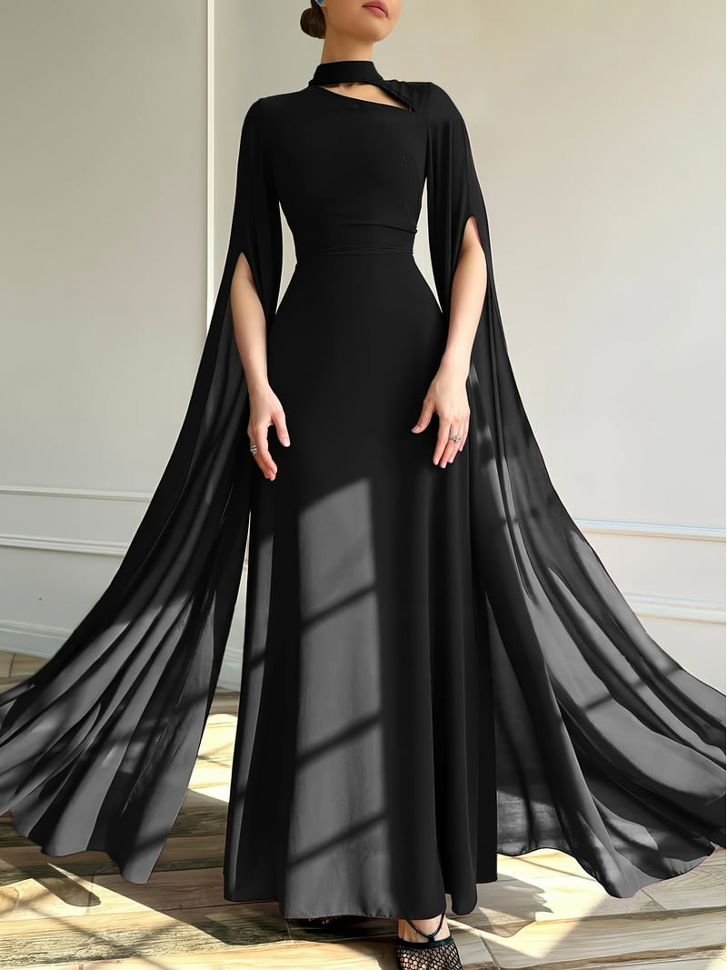 PAOLA RIBONI Elegant Long Sleeve Wedding Guest Dress in Classic Black,  Modest 1pc Evening Gown with Cape Sleeve for Women, Perfect for Formal  Occasions