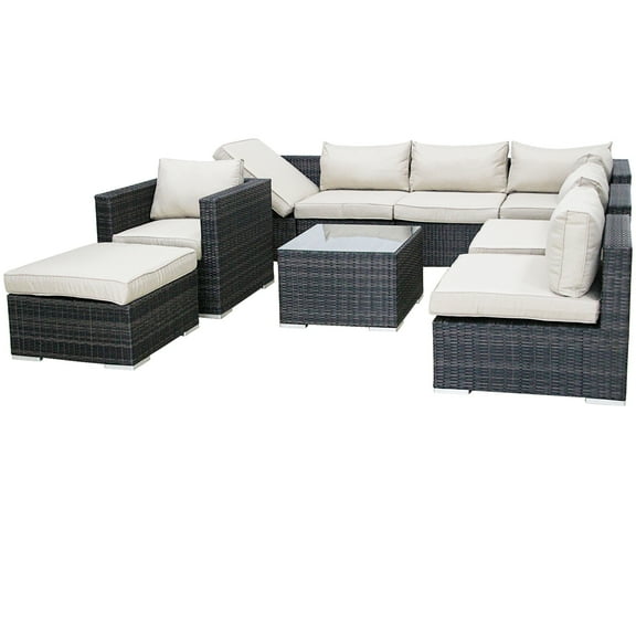 9 Pieces Patio Recliner Sofa Set, Aluminum Frame Full Assembled Outdoor Sectional Rattan Sofa Set, All Weather Mix Brown Wicker Conversation Set with Beige Cushions and Throw Pillows