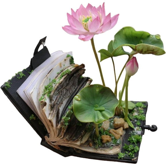 Miniature Book Flowers, Miniature Lotus Growing from Book, Handmade Clay Flowers Sculpture Gift for Rose Lover (Lotus Flower)