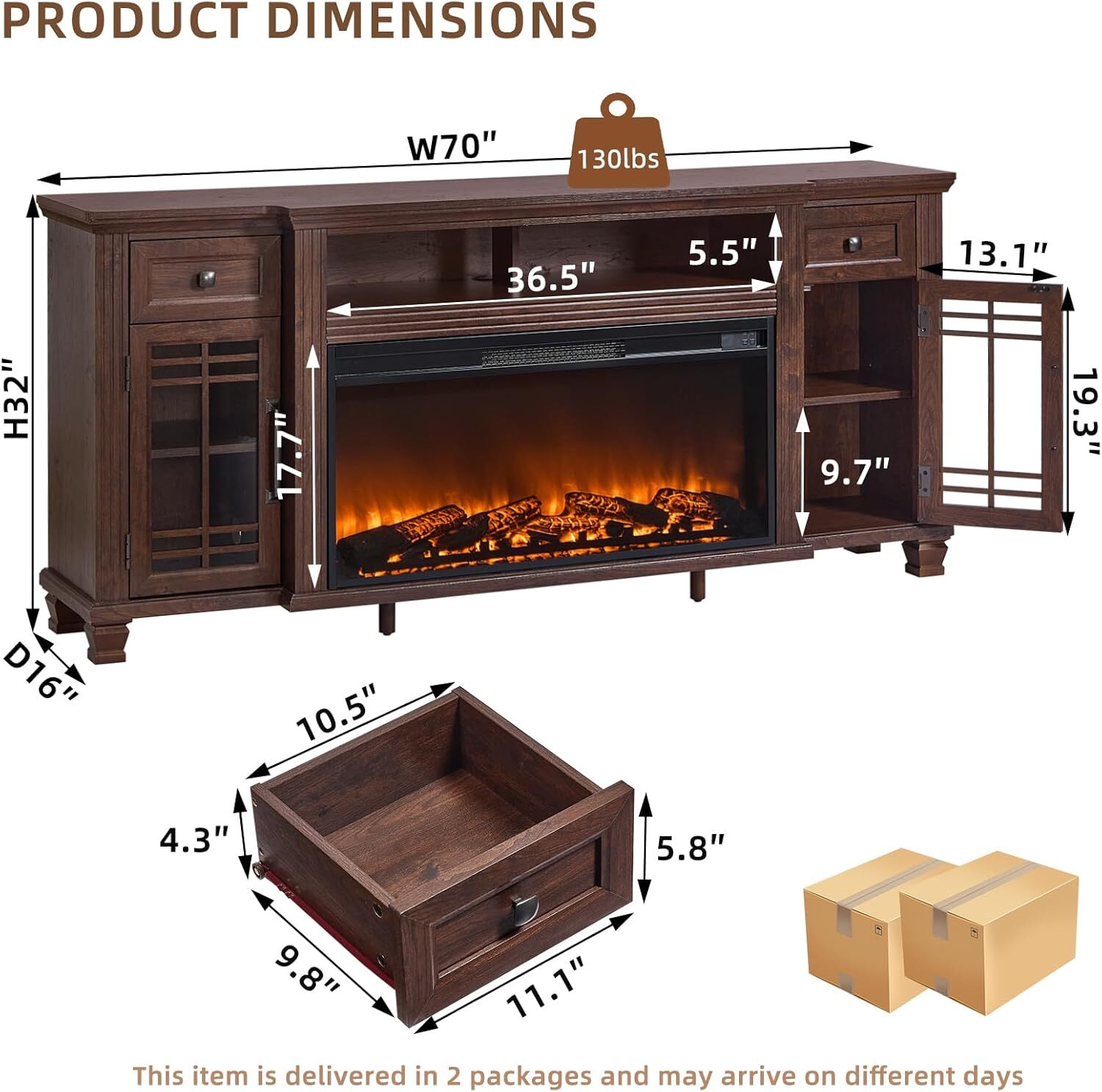 70" Fireplace TV Stand, Up to 80 inch, Entertainment Center with Electric Fireplace, Storage Cabinets, Open Shelves and Drawers, Media Console for Living Room, Walnut