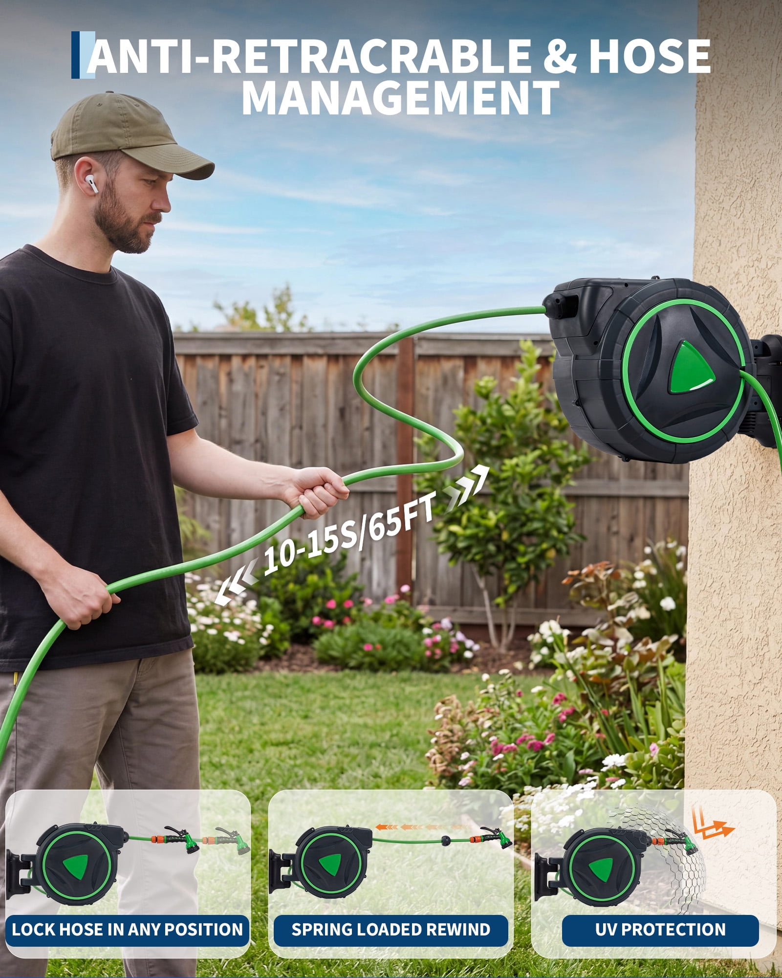 Retractable Garden Hose Reel - 1/2 in x 65 ft Automatic Wall Mount Heavy Duty Automatic Water Hose Reel, Kink-Resistant Hose, 180° Swivel Bracket, Auto-Lock for Lawn and Car Washing