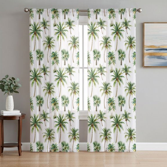 Green Palm Trees Sheer Curtains 84 Inch Length 2 Panels Set, Summer Tropical Botanical Simple Voile Window Treatment Rod Pocket Curtains Sheers Drapes for Bedroom/Living Room/Kitchen 52"x84"x2