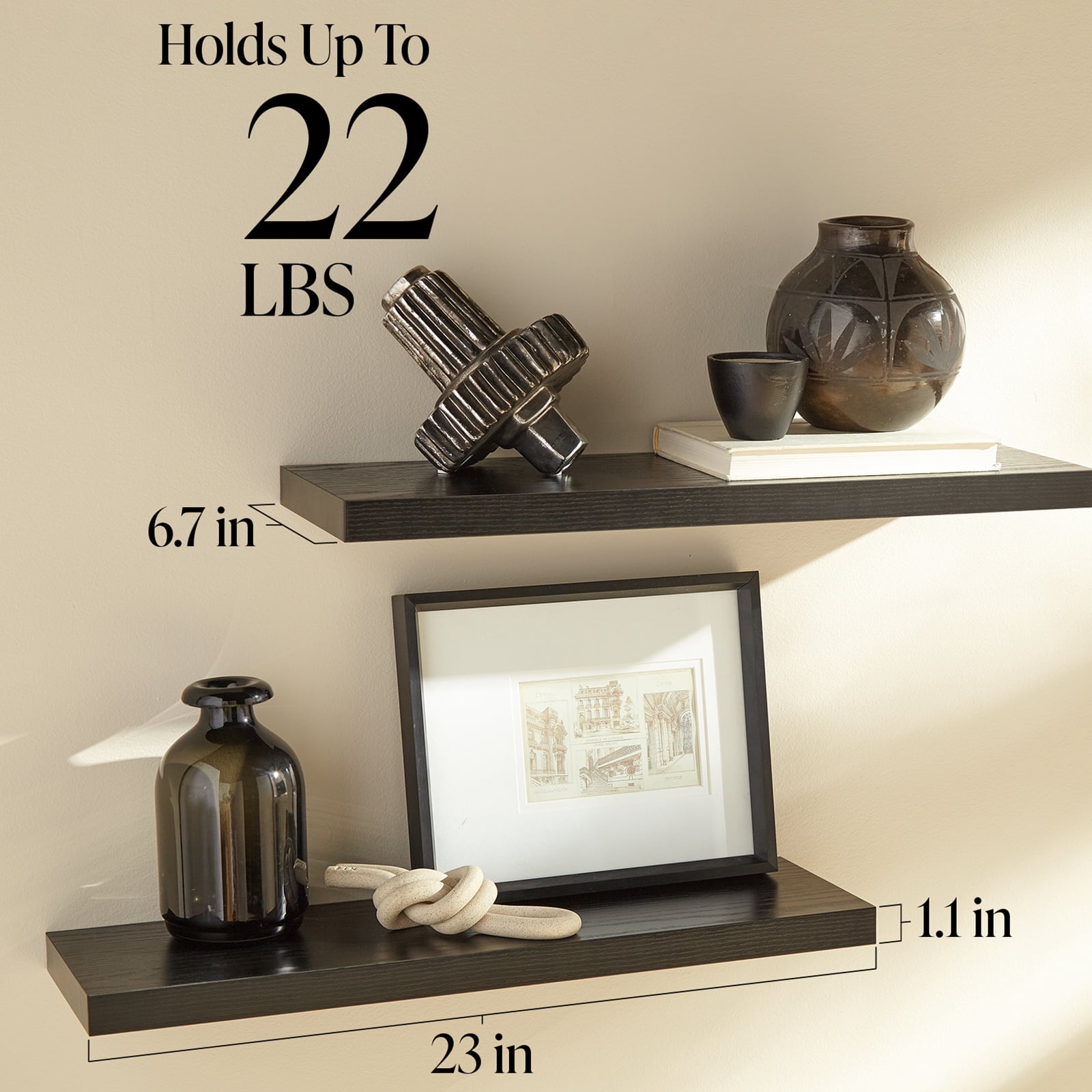 Ophanie 22.5 inch 2 Pack Wood Floating Shelves, Hanging Float Shelf for Wall Mounted Decorative Shelves, 6.7 x 23 Inch, Set of 2, Black