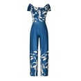 thumbnail image 4 of Usmixi Jumpsuits for Women Dressy Business Casual Empire Waist Pleated Loose Straight off Shoulder Jumpsuits Summer V-Neck Short Sleeve Floral Print Long Formal Rompers Blue l, 4 of 6