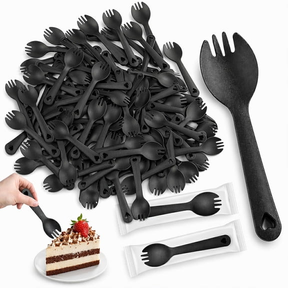 BlinkLLX 100 Pcs Individually Wrapped 2-in-1 Plastic Sporks Black Disposable Utensils