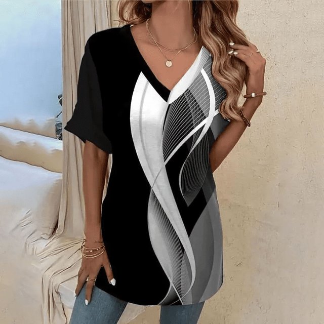 RWJDXD RWJDXD Ample et Confortable en Été T-shirt Simple pour Femmes T-shirt à Courbe Ondulée 3d Mode Col en V Été Manches Courtes Ample Mode Urbaine Vêtements Féminins T-shirt Décontracté Dames
