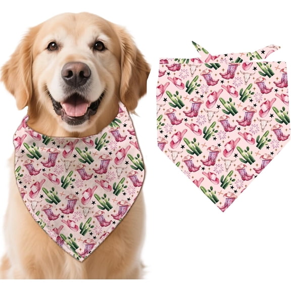 1 Pc Cowboy Theme Dog Bandana 78x39cm(30.7x15.35 inch) Pink Western Cowboy Boots Hat Triangle Adjustable Comfortable Pet Bibs Washable Cotton Scarf Kerchief for Large Dog colorful