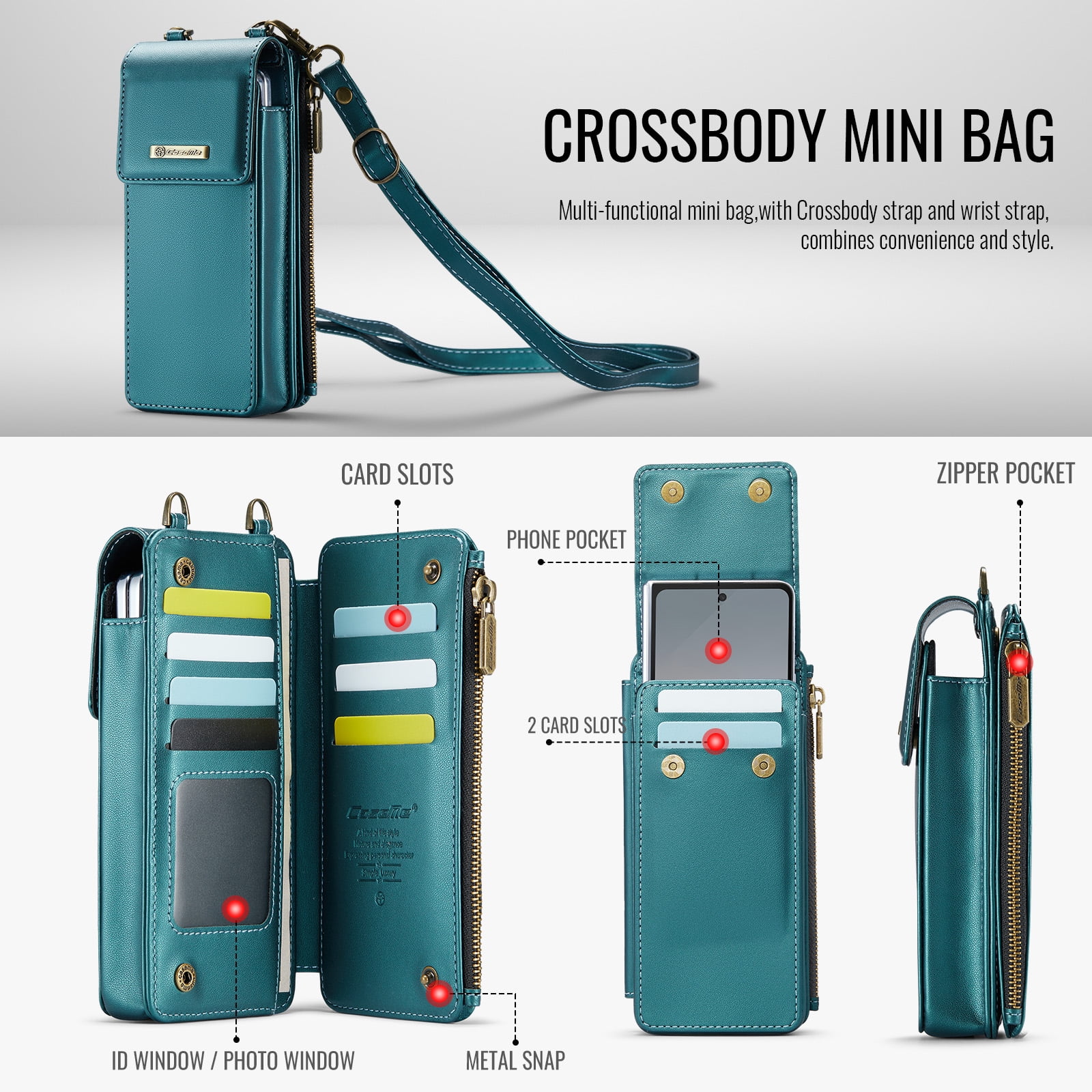 Crossbody Phone Bag Purse Wallet Case for iPhone/Galaxy/Pixel Series Cell Phones (Less Than or Equal to 7.6"), with Shoulder/Wrist Strap Lanyard, RFID Blocking Card Slots, PU Leather Bag, Green
