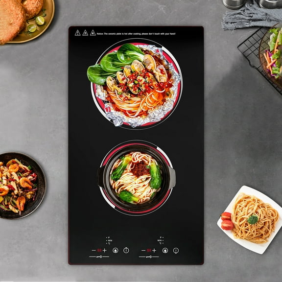 110V Dual Burner Electric Ceramic Cooktop, Black Microcrystalline Panel, 1500W Touch Control, Countertop & Built-in, Modern Kitchen Stove
