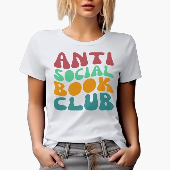 Anti Social Book Club, Introvert Avid Book Readers or Lovers Quote, Groovy Retro Wavy Text Merch Gift, White T-Shirt, Small