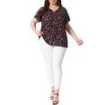 thumbnail image 2 of Agnes Orinda Women's Plus Size Floral Tops Pleated Tie Neck Short Sleeve Casual Summer Blouse 1X Black Red, 2 of 5