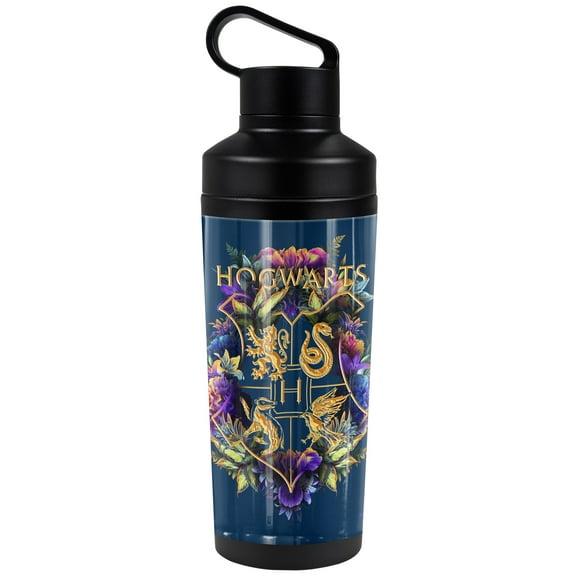Harry Potter Official Hogwarts Multi-Colored Floral Crest 18 oz Insulated Water Bottle, Leak Resistant, Vacuum Insulated Stainless Steel with 2-in-1 Loop Cap
