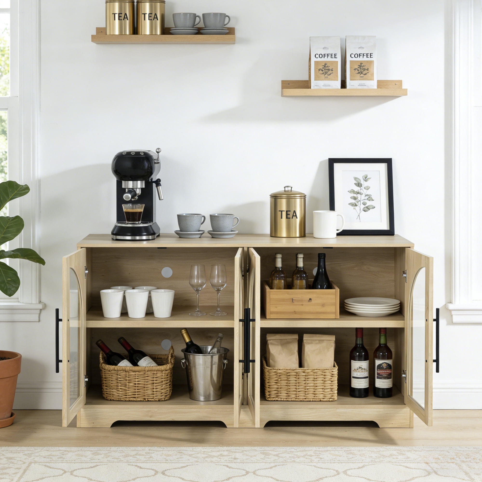 Leovanni 55" Sideboard Cabinet with Glass Doors, Wood Buffet Cabinet with Adjustable Shelves and Cable Management, Storage Console for Dining Room, Living Room, Entryway, Natural