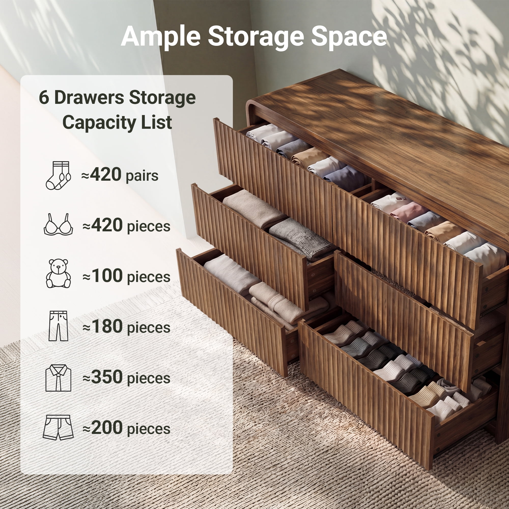 YDN Modern Fluted 6 Drawers Dressers for Bedroom - 47" Wooden Wide Storage Organizer Dresser, Curved Chest of Drawers with 6 Drawers & Anti-Tip for Closet Hallway, Entryway, Living Room,Walnut