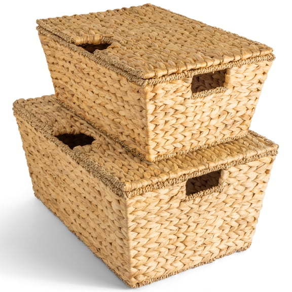 Best Choice Products Set of 2 X-Large & Medium Woven Storage Baskets W/Lids, Hyacinth Nesting Organizer Bins - Natural
