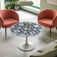 thumbnail image 4 of Bohemian White Blue Floral Elastic Fitted Round Table Cover Vintage Ethnic Style Waterproof Outdoor Tablecloth for Holiday Party, Picnic, Patio & Dining Fits Tables Up to 45"-54", 4 of 8