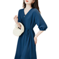 thumbnail image 1 of 2023 Manches d'Été Femmes V-Cou Mini Robe Solide Ample Court Plissée Fluide Robes (Bleu XL), 1 of 2