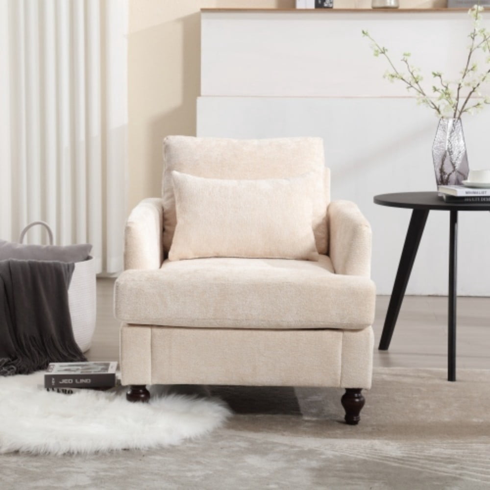 Accent Chair, Mid Century Modern Chenille Armchair with Tufted Back, Studded Solid Wood Frame, Upholstered Lounge Chair for Living Room, Bedroom, Beige