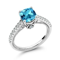 Gem Stone King 925 Sterling Silver Swiss Blue Topaz and White Created Sapphire Engagement Ring for Women (2.15 Cttw, Cushion 7MM, Gemstone Birthstone, Available in Size 5, 6, 7, 8, 9)