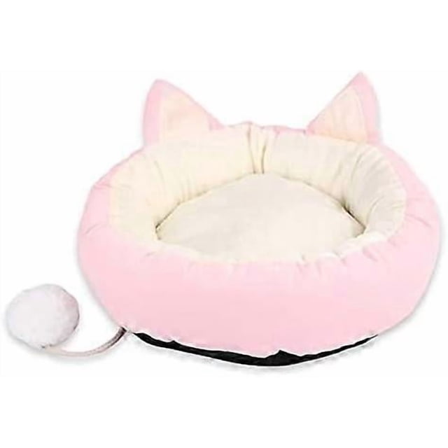 Cat Bed Cat Calming Beds Cat Sleeping Bed with Cat Pom Pom Toy Detachable Washable Fluffy Cat Beds for Indoor Cats-Pink