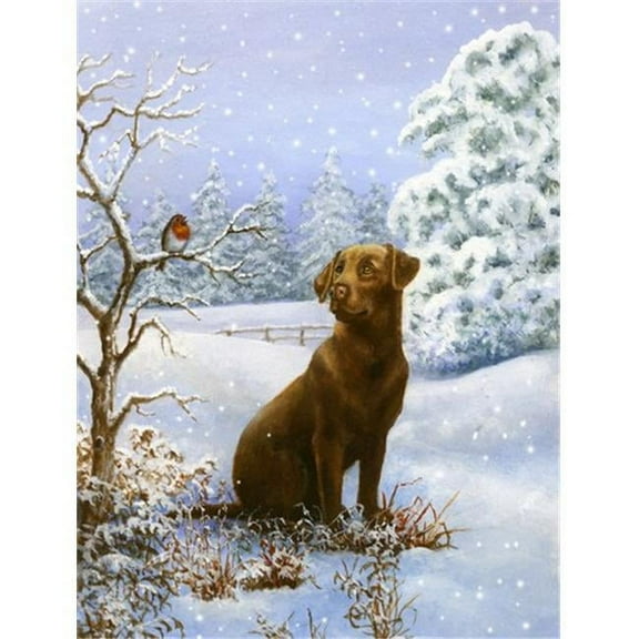 Chocolate Labrador Snowy Robin Flag Canvas House Size