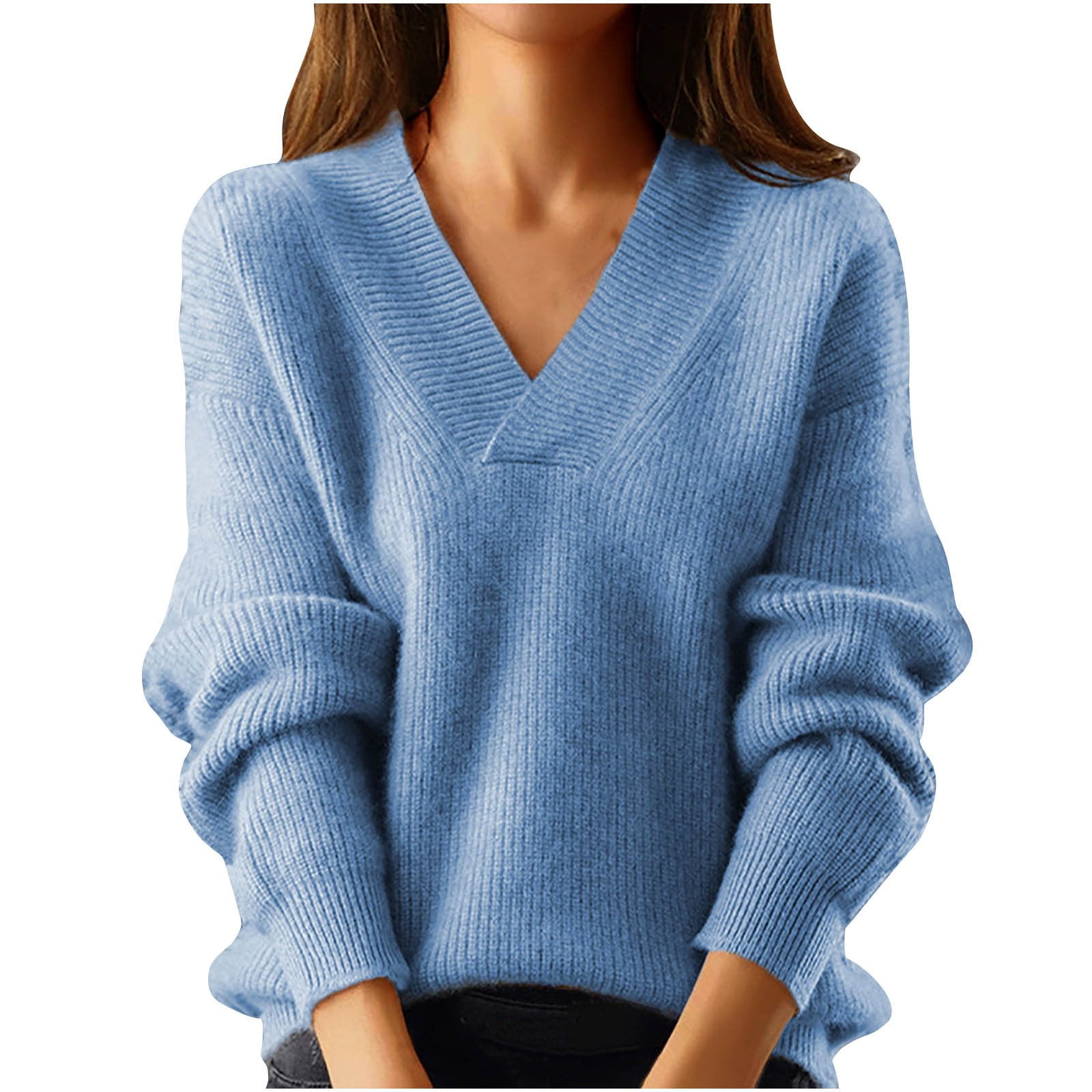 Timegard Hauts pour Femmes Manches Longues Col en V Tricot Confortable chandail-Over Automne Hiver Décontracté Ample Chaud Hauts