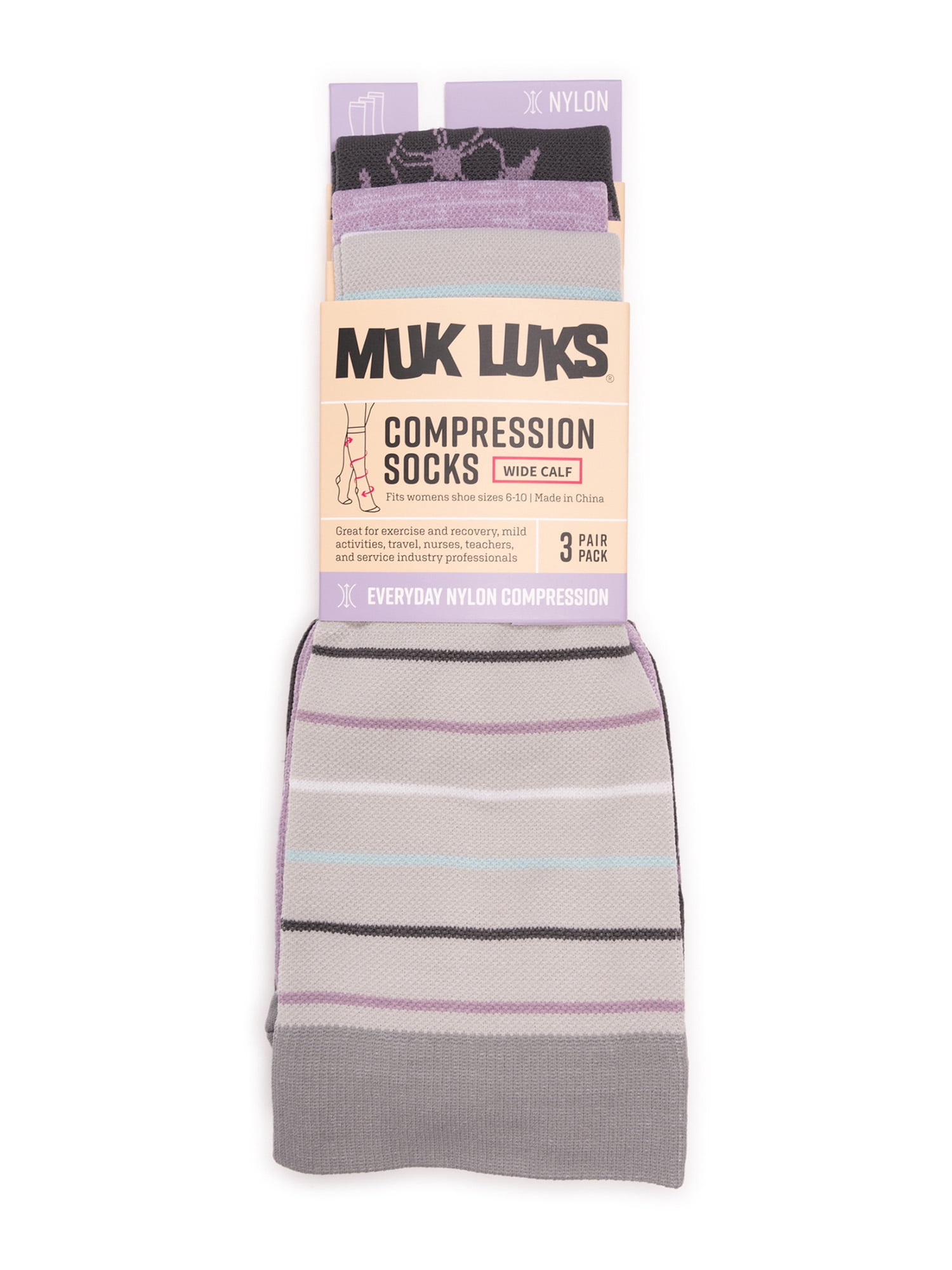 Muk Luks Women's Wide Width Nylon Knee-High Compression Socks, 3-Pack, Shoe Size 6-10