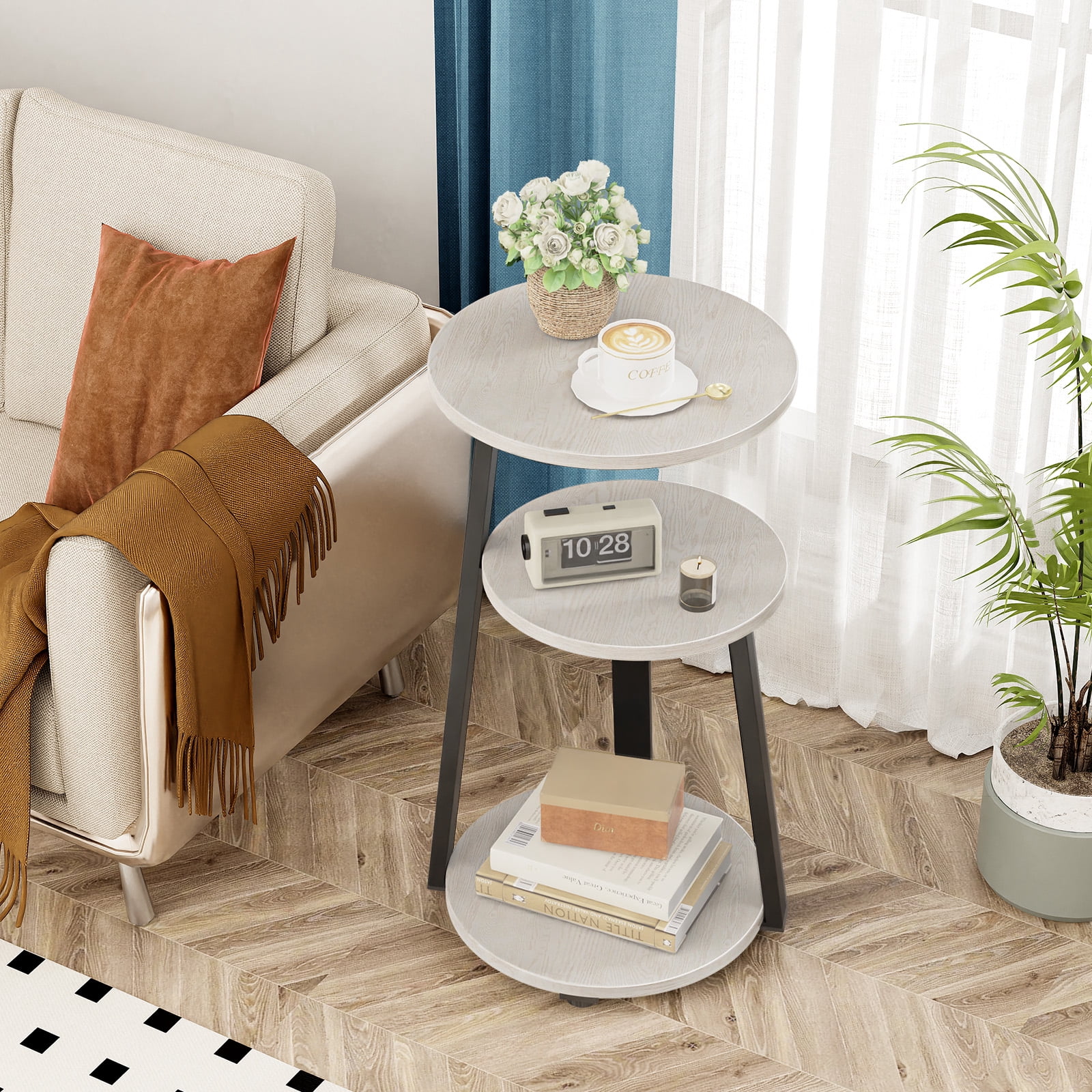 Biemlerfn End Side Table, Round Sofa Table with Metal Frame, 3-Tier Coffee Table Nightstand for Home, White Maple