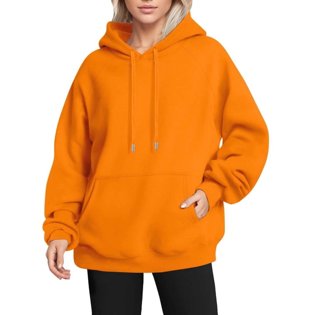 IMENGL Solid Color Plush Thick Raglan Sleeve hooded sweater Autumn Winter, Orange XL, Size M-2XL