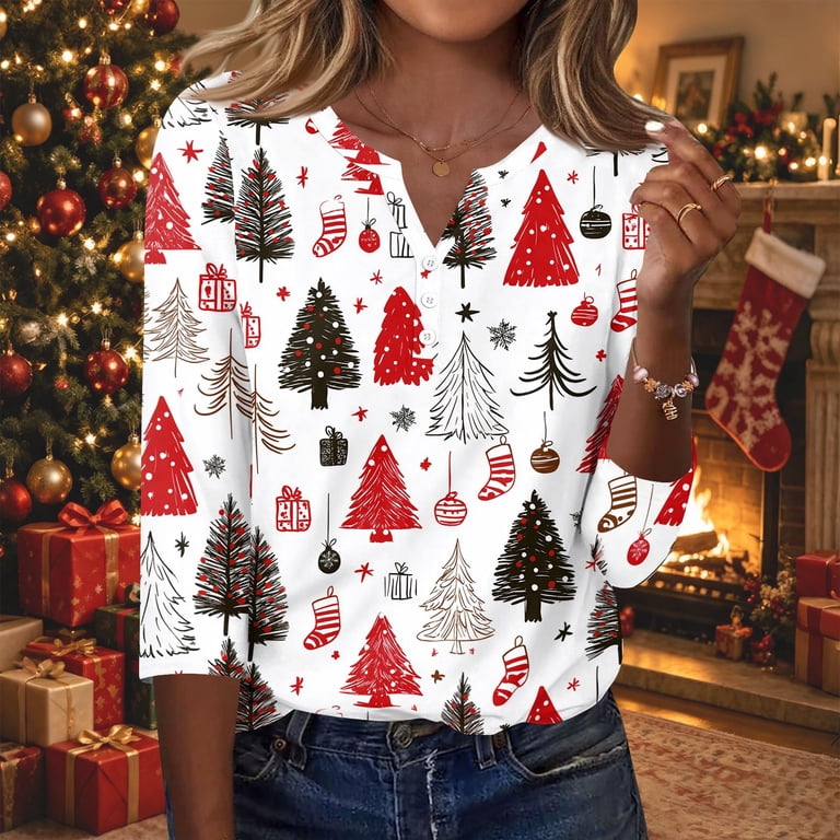 JULMCOMO Christmas Shirts for Women Tree Snow Santa Print Notch Neck ...
