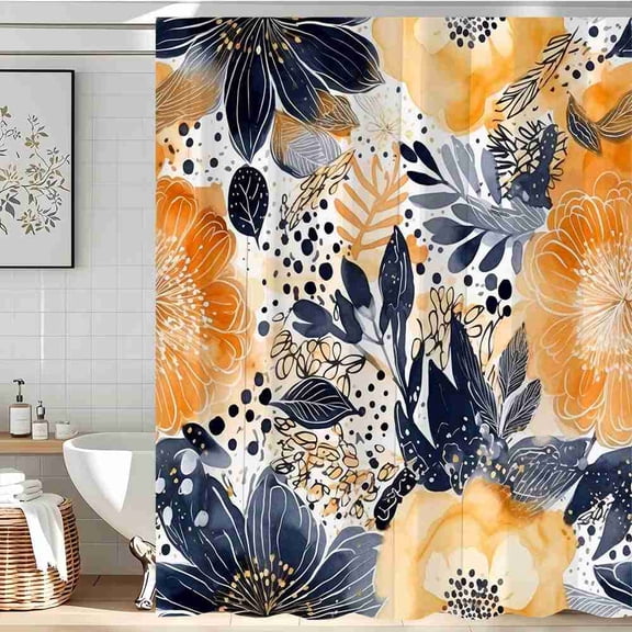 70x70 inch Navy and Orange Botanical Floral Shower Curtain, Waterproof Polyester Fabric with Hooks for Bathroom Decor